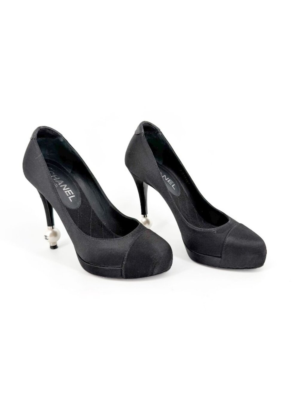 Chanel CC Pearl Cap Toe Platform Pumps Heels Black Satin Size 37.5 US 6.5-7